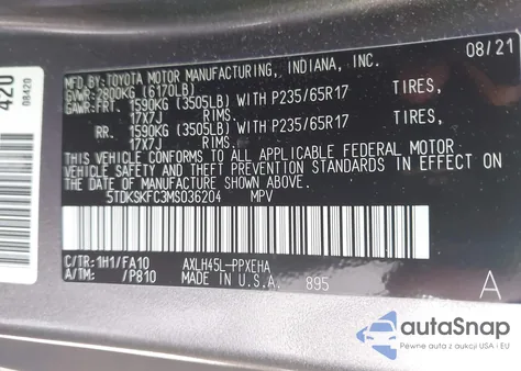 2021 Toyota Sienna Le z USA, uszkodzony, nr VIN 5TDKSKFC3MS036204